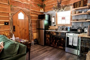 Een rustiek cabinteinterieur met een keuken, houten wanden, een groene bank en een kroonluchter.