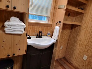 Hair dryer, towels, toilet paper