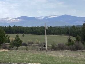 A rural landscape with a mountain range in the background, a wooden utility pole, and sparse vegetation.