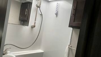 Hair dryer, towels, toilet paper