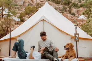 Ein Zelt mit einer Nummer, eine Person beim Fotografieren und ein Hund.