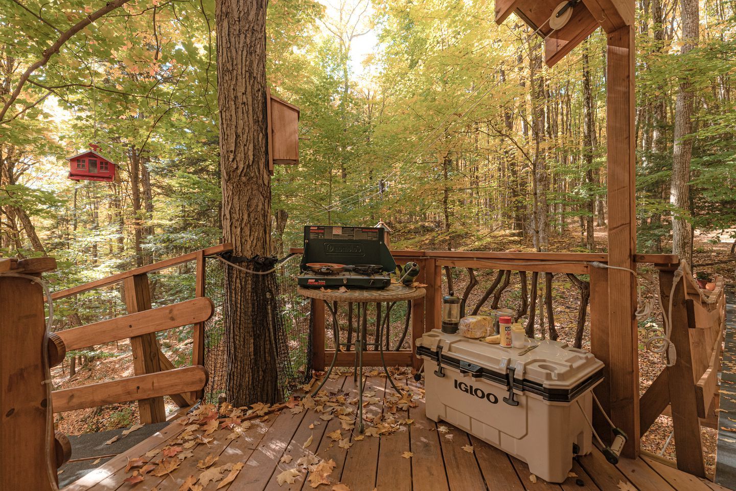 A wooden deck with a grill, a cooler, and a small table with a laptop.