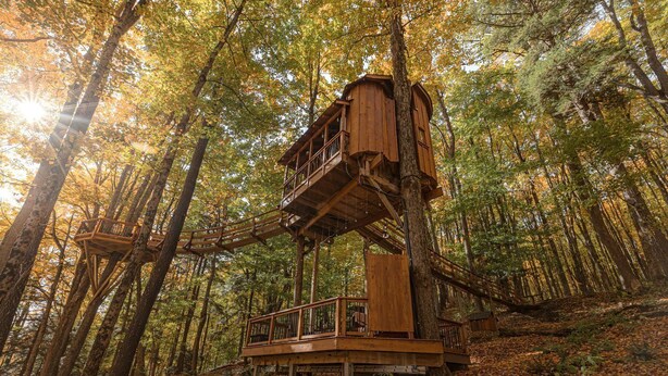 A treehouse with a wooden platform and a balcony, surrounded by a forest. - Magical Tree House Rental in the Woods near Syracuse for Glamping in New York State (Lafayette)