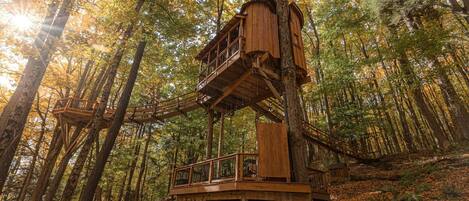 A treehouse with a wooden platform and a balcony, surrounded by a forest.