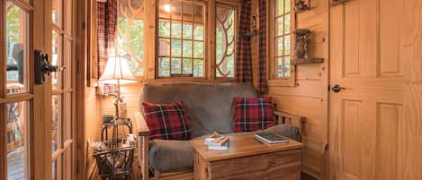 A cozy cabin interior with a sofa, a table with books, plaid curtains, and a wooden door.