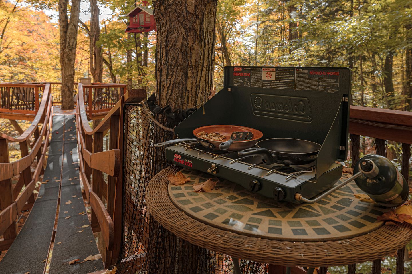 A propane stove set up on a wooden platform surrounded by trees.