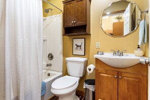 Hair dryer, towels, soap, shampoo