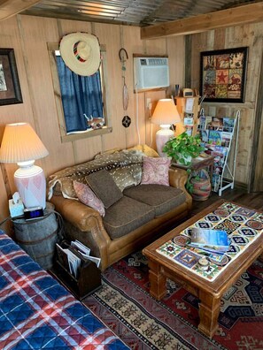 TV, fireplace, DVD player, stereo - Cozy Hillside Texas Hill Country Cabin for Romantic Getaways near San Antonio (Kerrville)