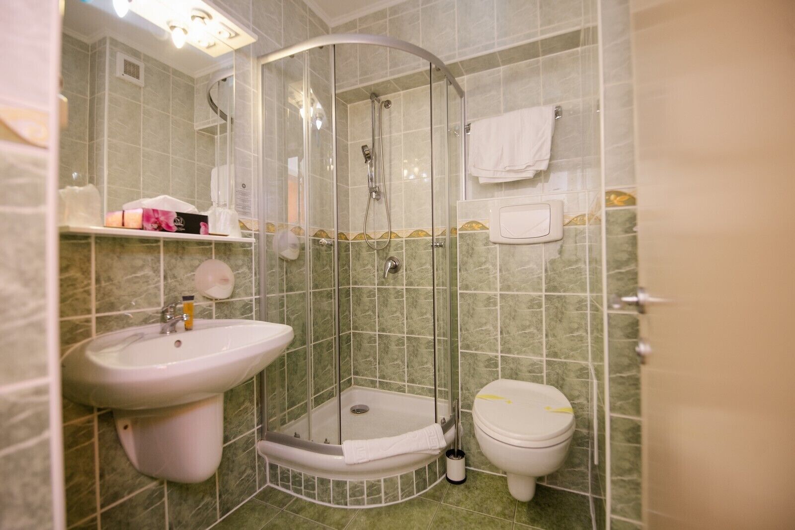 Un baño con ducha de mampara, lavamanos e inodoro.