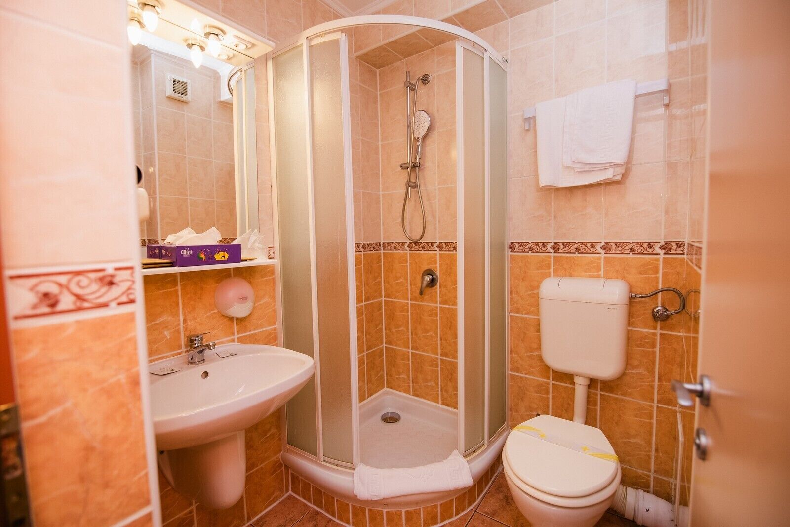 Un baño con ducha, lavabo e inodoro.