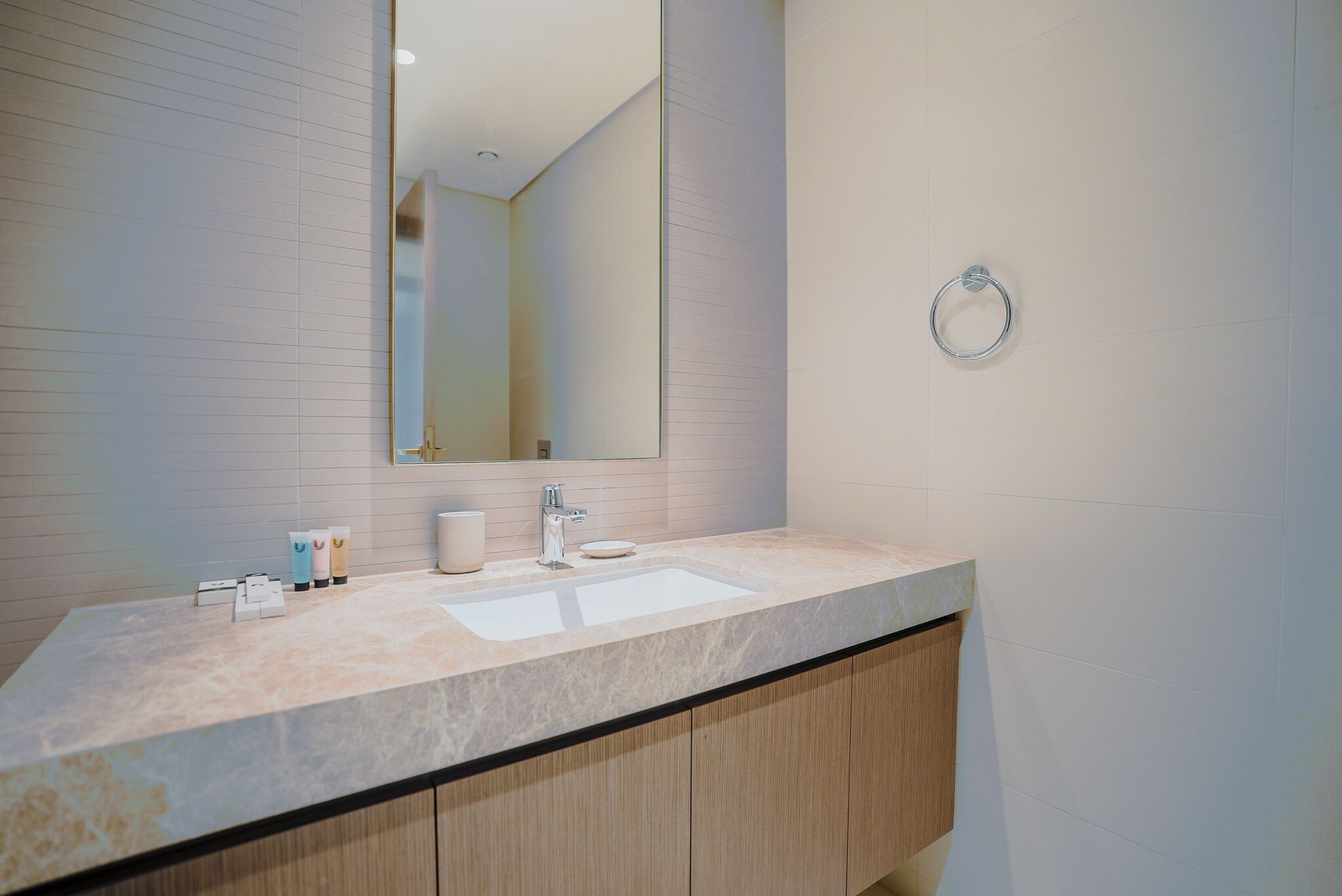 A modern bathroom with a large mirror, a sink, and a towel ring.