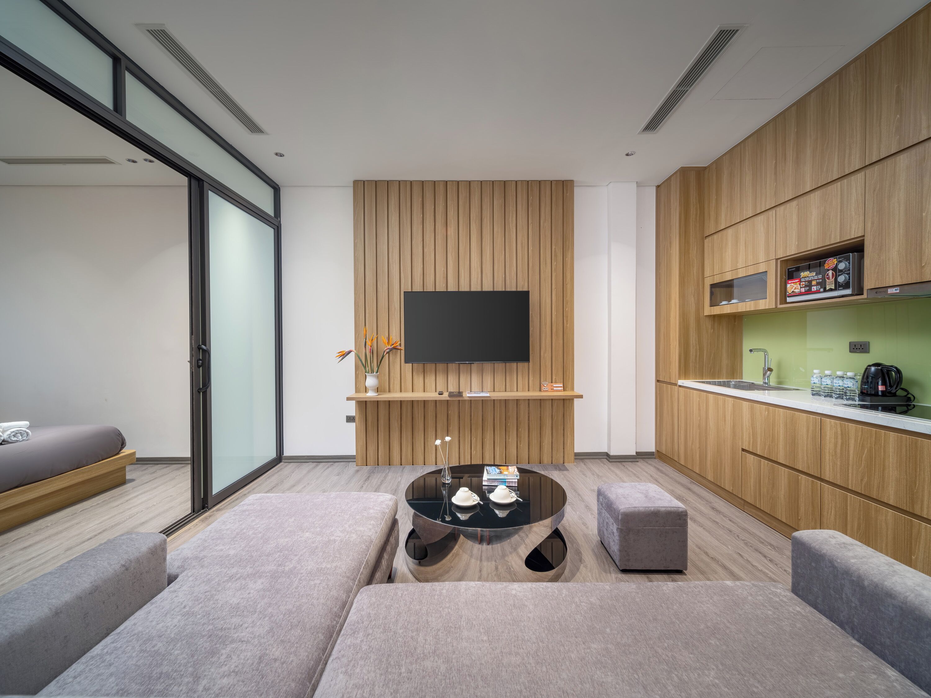 Minibar, desk, laptop workspace, iron/ironing board