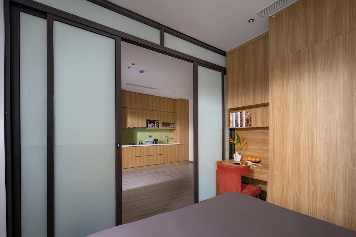 Minibar, desk, laptop workspace, iron/ironing board