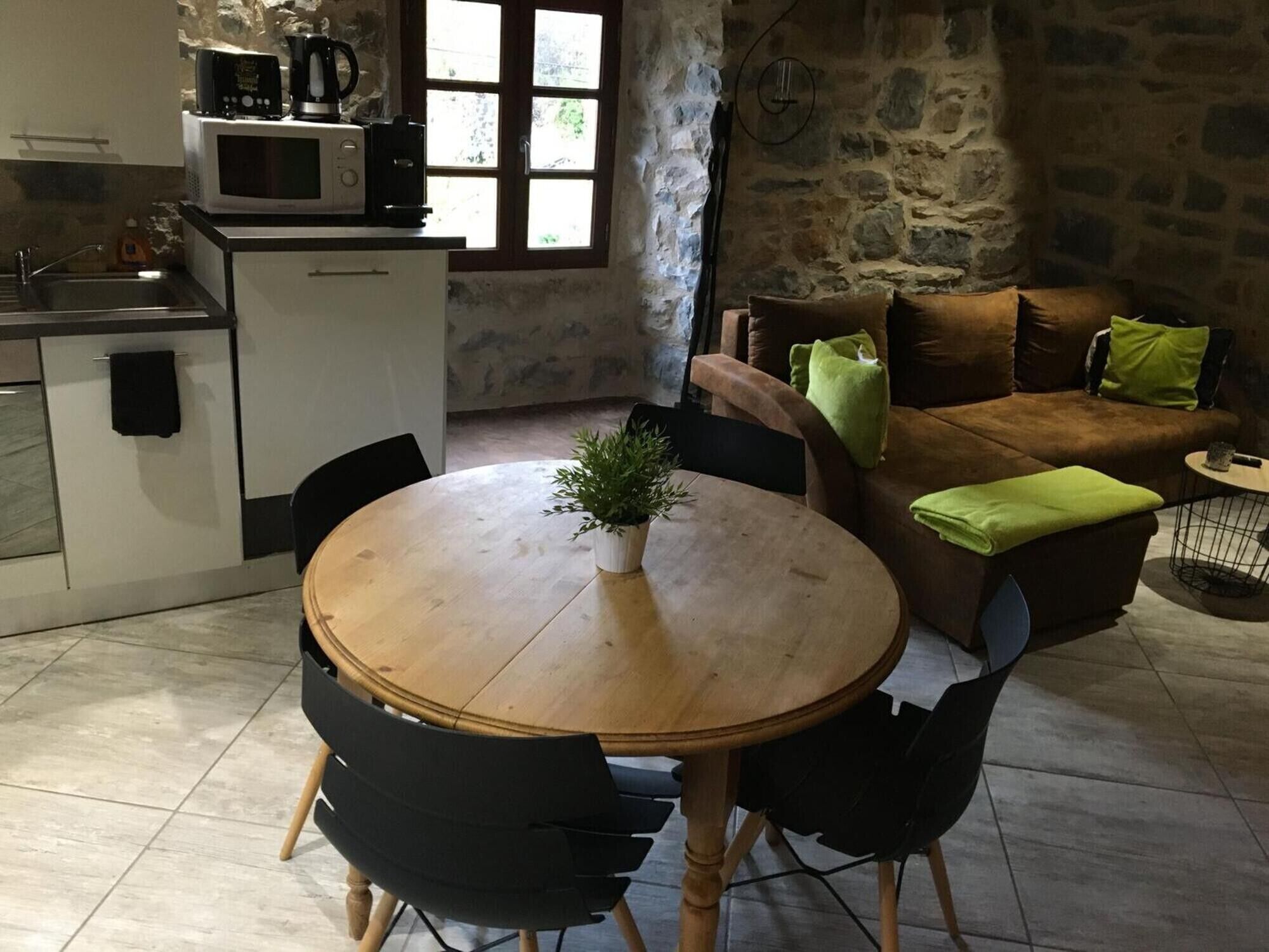 Une cuisine compacte équipée d’un four à micro-ondes, d’une machine à café et d’un petit réfrigérateur. On y trouve une table ronde en bois, des chaises et une plante en pot. Un canapé marron avec des coussins verts est adossé à un mur en pierre.