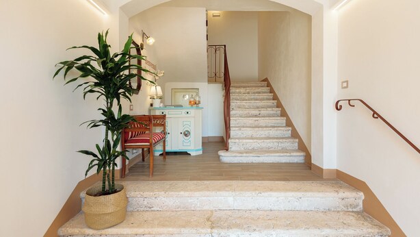 Un escalier avec une rampe en bois, une plante en pot et une chaise dans un couloir.