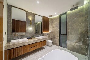 Combined shower/bathtub, towels