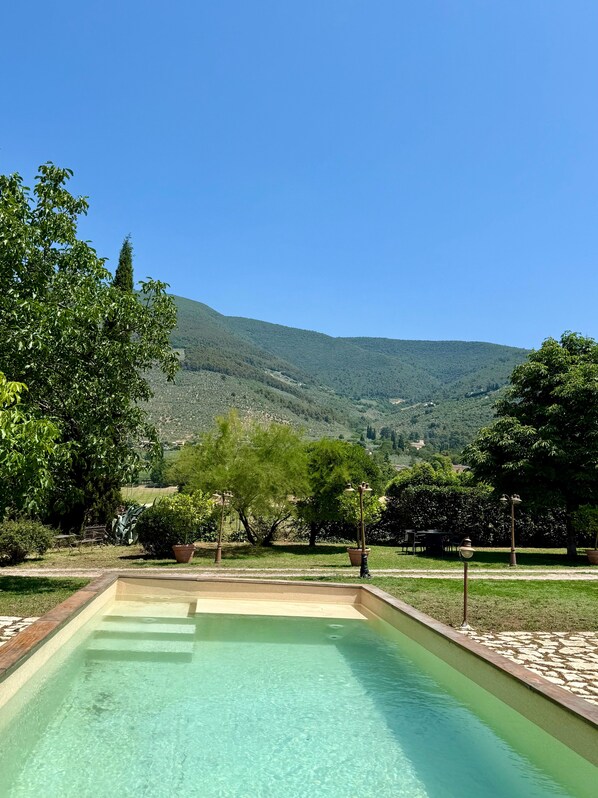 Seasonal outdoor pool, pool loungers