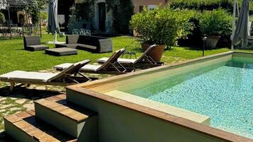 Seasonal outdoor pool, pool loungers