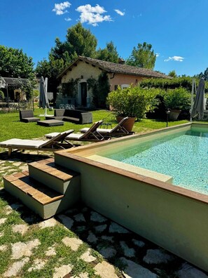 Seasonal outdoor pool, pool loungers