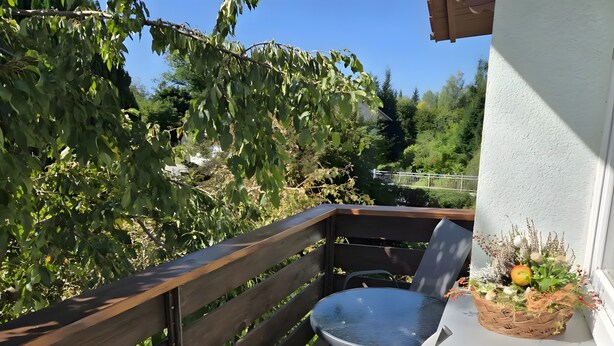Un balcon avec une balustrade en bois, une table en métal et une chaise.