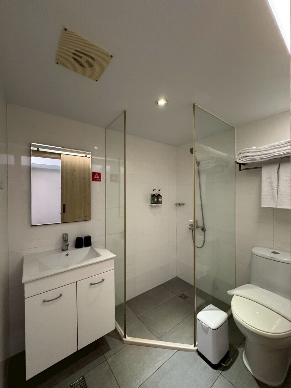 A modern bathroom with a glass-enclosed shower, a white sink with a mirror above it, and a toilet.
