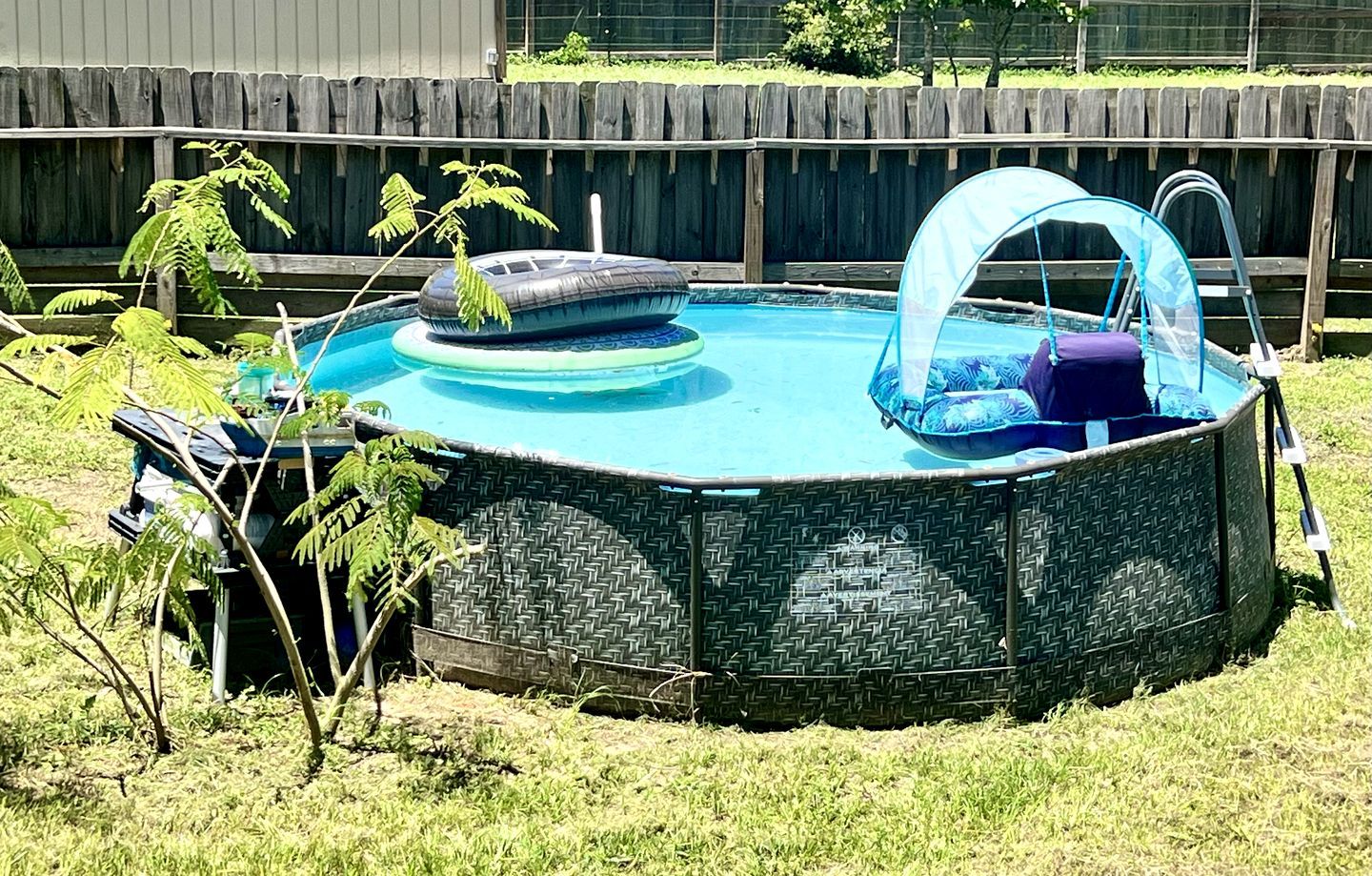 An above-ground swimming pool with a cover, surrounded by a wooden fence and grass.