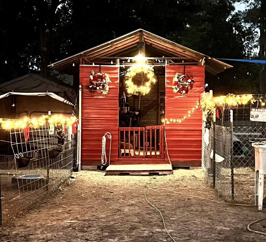 A red building with a porch, a wreath, and string lights.