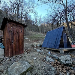 A rustic wooden shed and a blue metal structure in a wooded area.