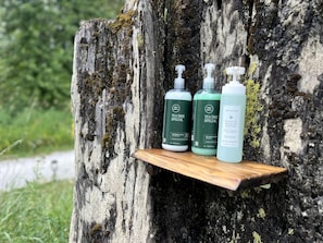Tina de hidromasaje, toallas, jabón, shampoo 