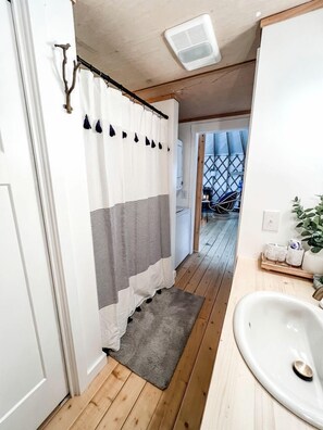 Hair dryer, towels, soap, shampoo