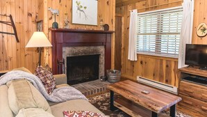 A cozy living room with a fireplace, wooden walls, a sofa, a coffee table, and a television.