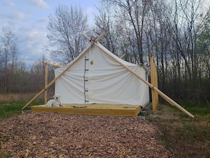 A tent with a dog inside, surrounded by trees and a leaf-covered ground.