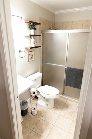 Hair dryer, towels, toilet paper