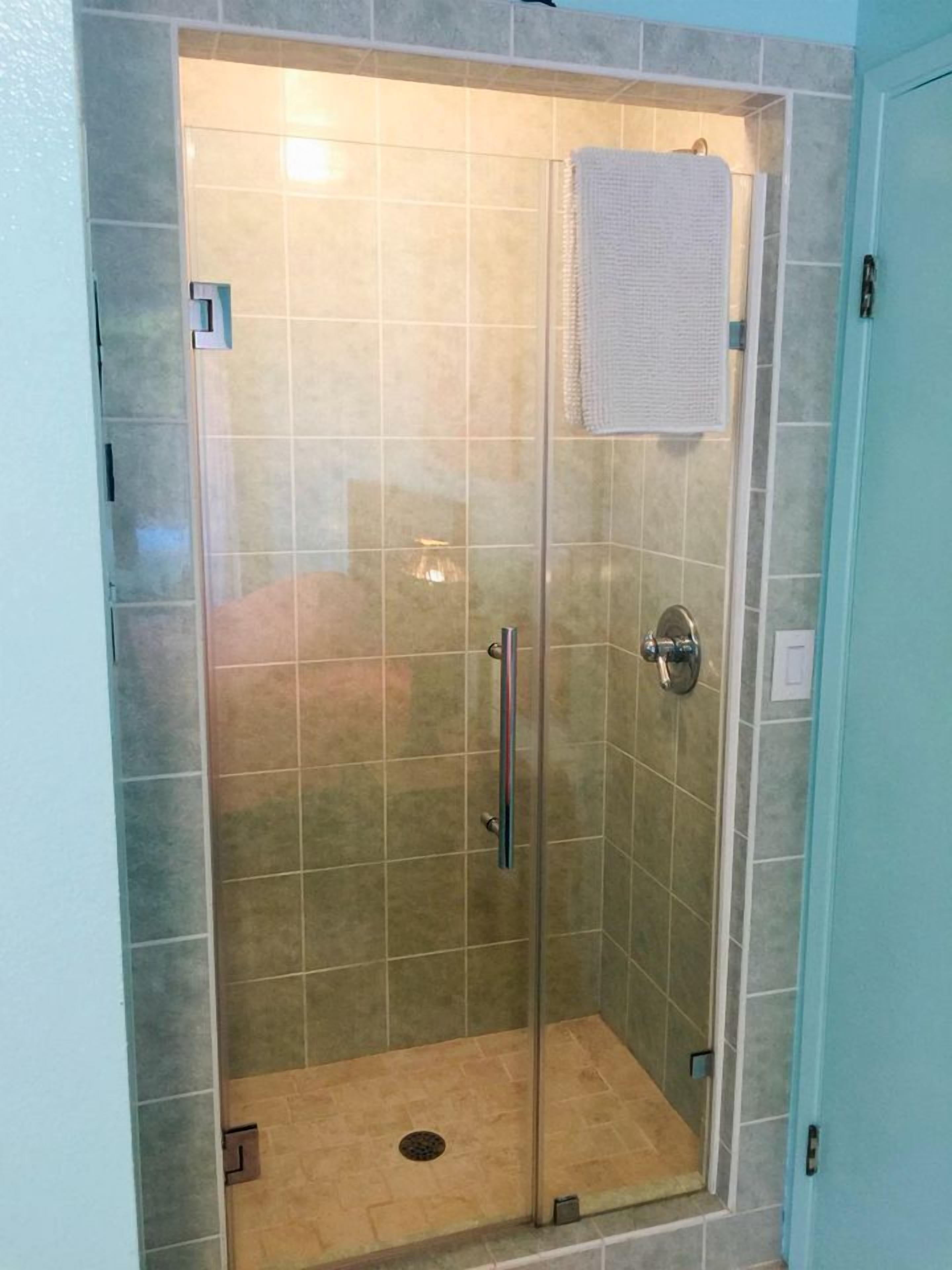 Hair dryer, towels, soap, shampoo