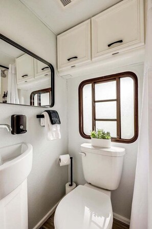 Jetted bath, hair dryer, towels, soap