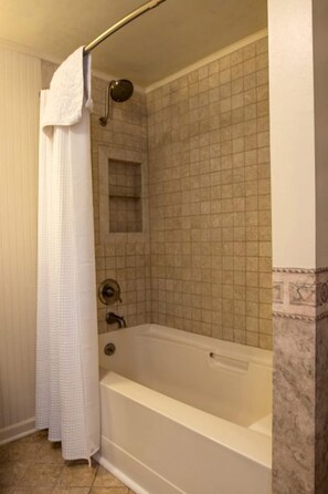 Hair dryer, towels, soap, shampoo