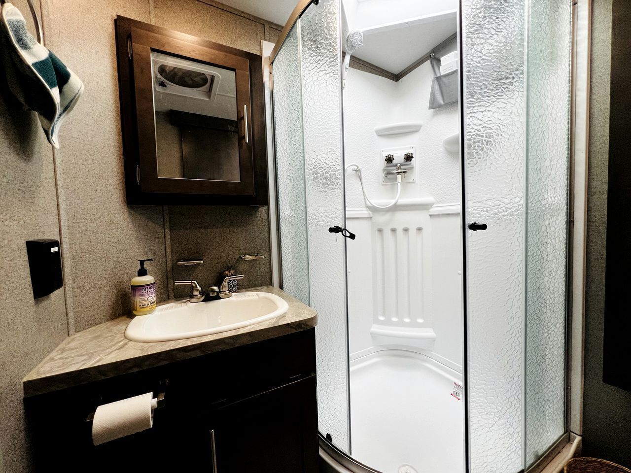 Hair dryer, towels, soap, shampoo