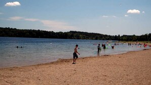 A beach with people swimming and playing, a clear sky, and a forested shoreline. - Beautiful Treehouse Under The Stars Near Wolverine, Michigan (Holly)