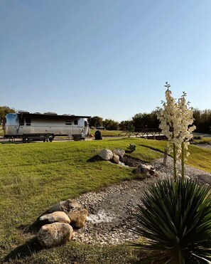 A grassy area with a white RV, rocks, and a plant. - Outstanding Airstream Close to Stunning Hiking Trails in Bristol, Texas (Bristol)
