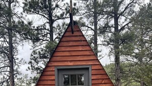 A small, triangular wooden cabin with a gray door and a window, surrounded by trees.