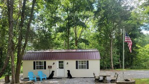 A small cabin with a metal roof, two blue Adirondack chairs, and a flagpole with an American flag. - Private Pet-Friendly Cabins with Fire Pit for Nature Escapes in Clear Spring, Maryland, for Memorable Family Glamping Trips (Clear Spring)