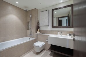 Hair dryer, towels, soap, shampoo