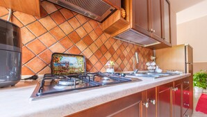 A kitchen with a gas stove, a microwave, and a toaster. - Apartment 'La Casa Dei Limoni' with Mountain View and Private Terrace (Gaggi)