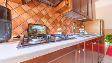 Fridge, oven, stovetop, coffee/tea maker