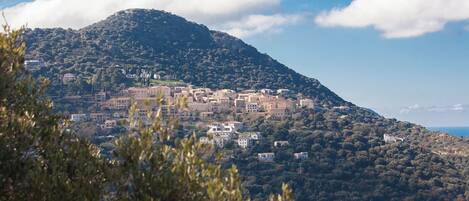 A hillside town with buildings clustered on a slope, surrounded by dense vegetation and a clear sky.