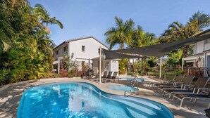 A swimming pool with lounge chairs and palm trees.