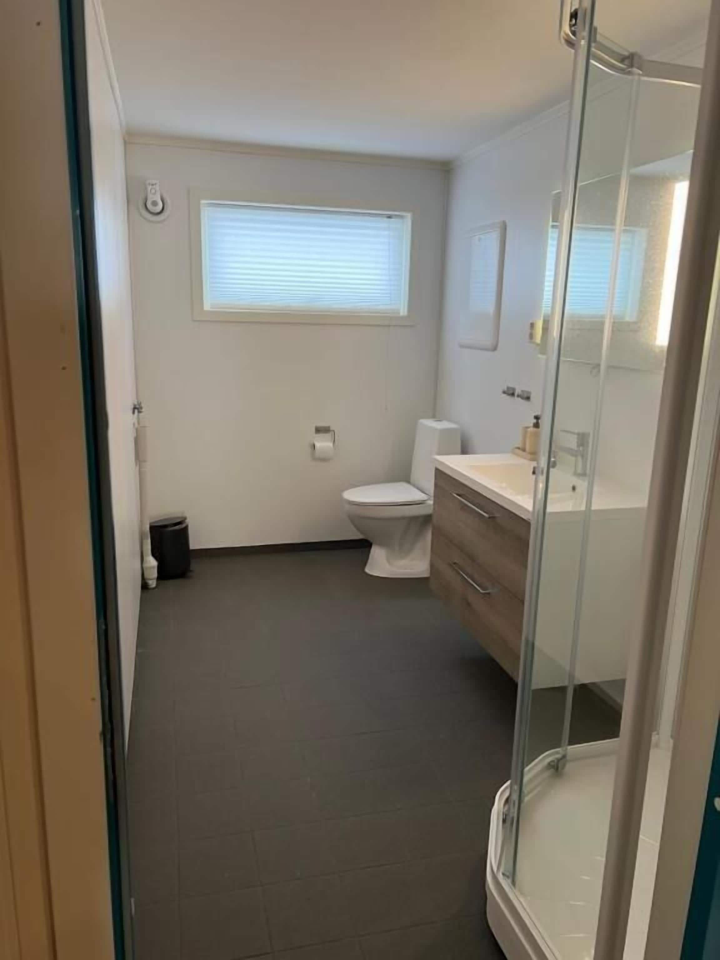 A bathroom with a toilet, a sink, a mirror, and a shower enclosure.