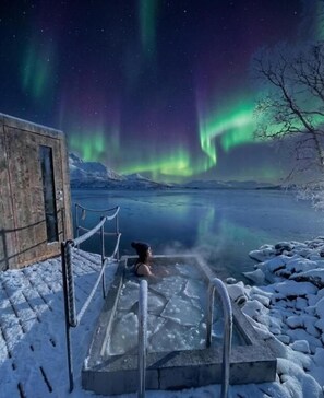 A person in a hot tub outdoors with a view of the northern lights. - Steam Pier Adventure Hotel (Tromsø)