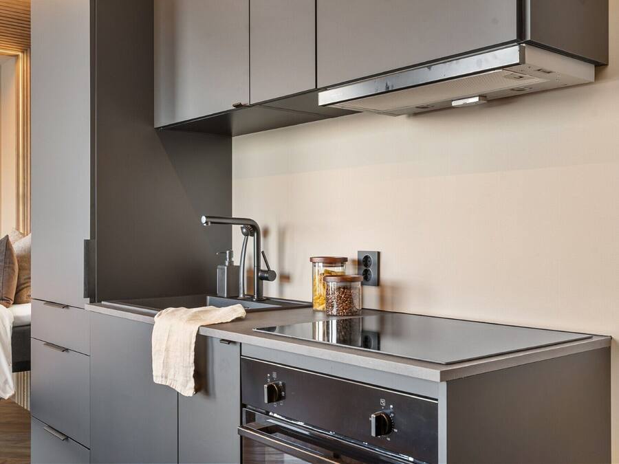 A compact kitchenette with a modern design, including a stainless steel sink, a built-in oven, and a compact stove.