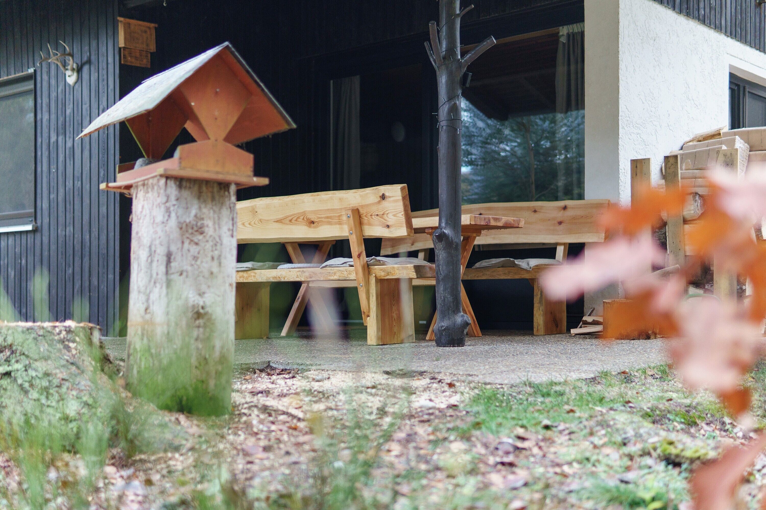 A rustic outdoor seating area with wooden benches and a bird feeder.